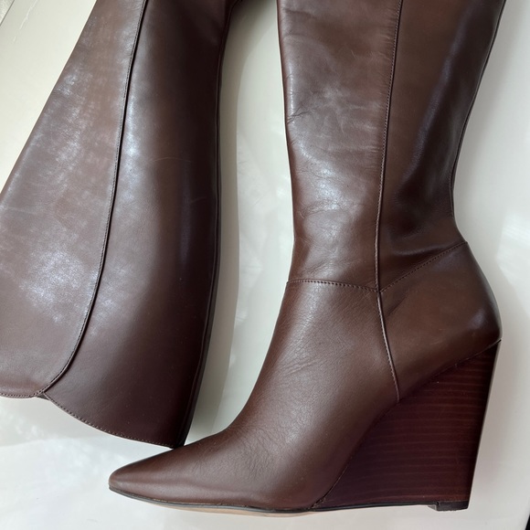 Nine West Sz 7 Varin Wide Calf Brown Leather Wood Wedge Knee High Boots - Picture 13 of 15